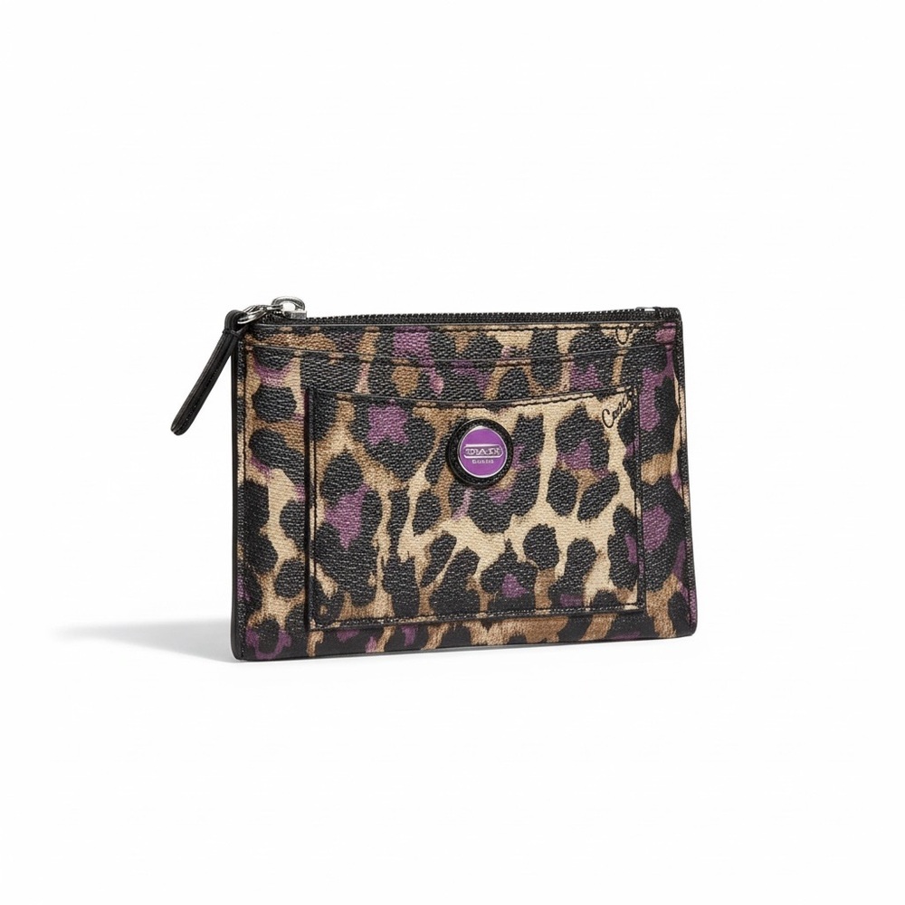 Coach Leopard Print Zip Card Case in Tan, Black & Purple